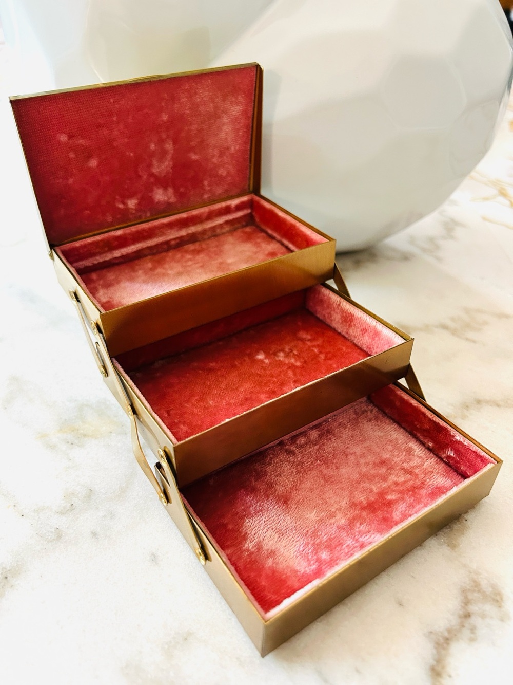 Vintage Brass & Velvet Three-Tier Jewelry Box- Mid-Century Storage Velvet Box